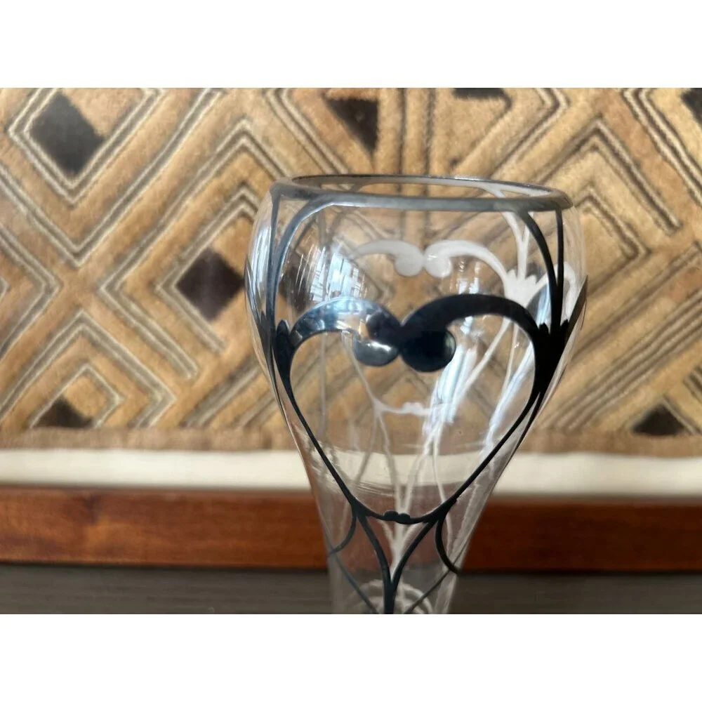 Handblown Art Glass Vase With Black & White Abstract Design - Elegant Decorative